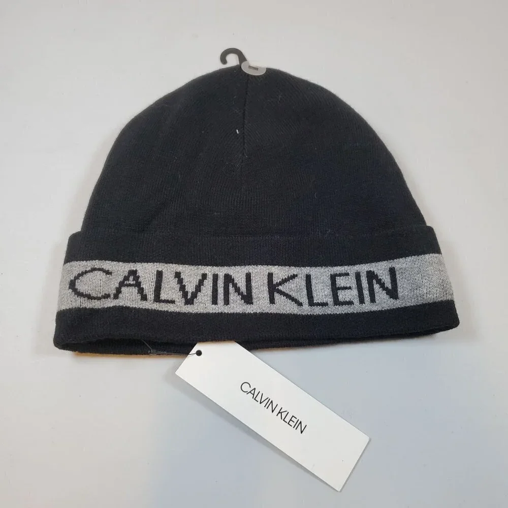 Calvin Klein Beanie Hat Knit Winter Spell Out Mens One Size NWT Black - Picture 1 of 10